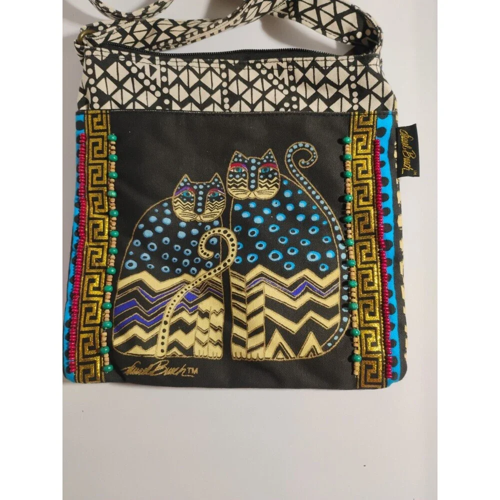 Laurel Burch Crossbody Canvas Bag Cats Zip Top Purse Handbag